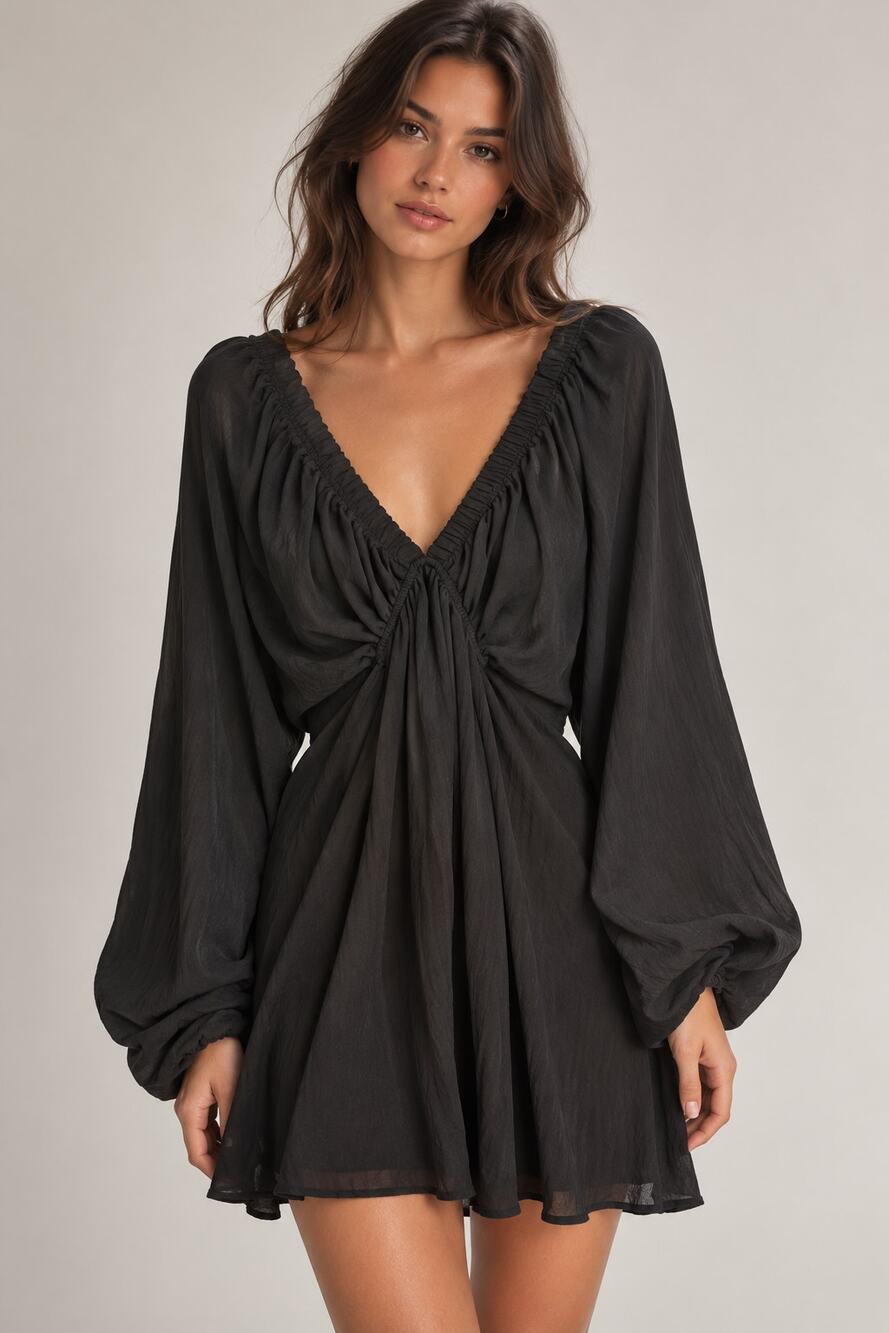 Black Plunge V Neck Ruched Mini Dress Medium Balloon Sleeve Flowy Party Dress